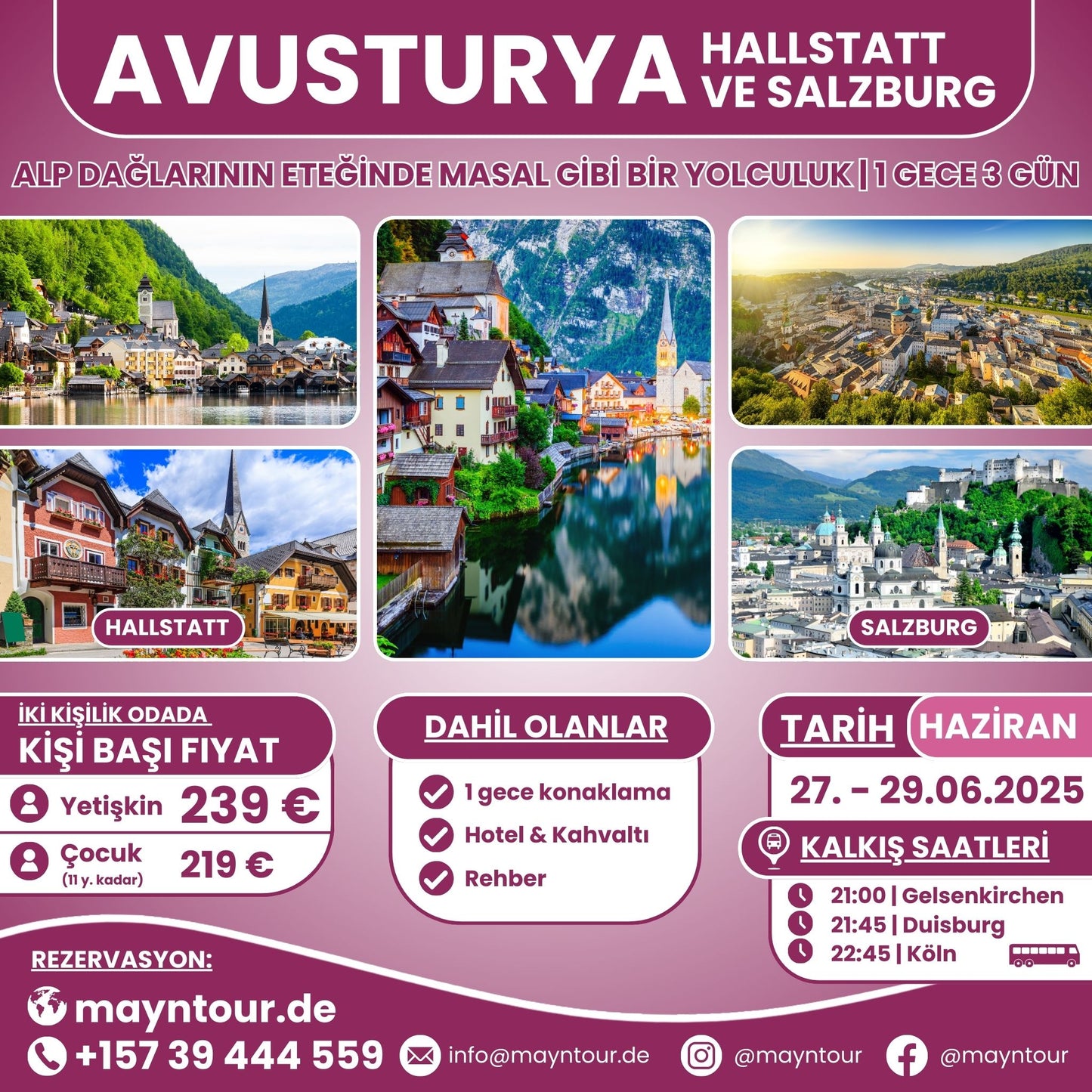 27-29.06.2025 tarihleri arasında MaynTour ile Hallstatt ve Salzburg Turu - 1 gece 3 gün süresince Avusturya'nın tarihi ve doğal güzelliklerini keşfedin.