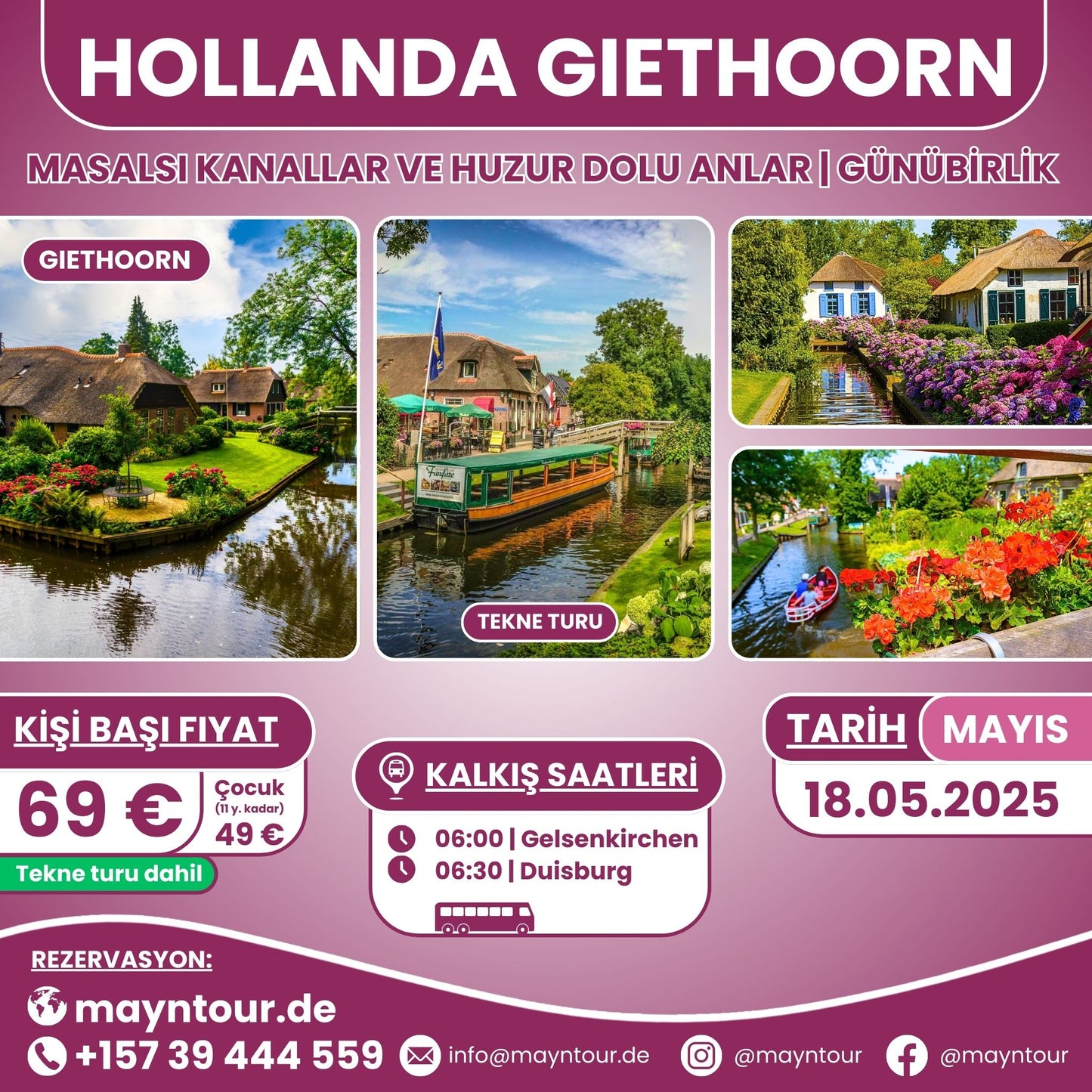 18.05.2025'te MaynTour ile Hollanda'nın Giethoorn köyüne 1 günlük gezi - Kanallar ve geleneksel ahşap evlerin yer aldığı huzurlu bir keşif.