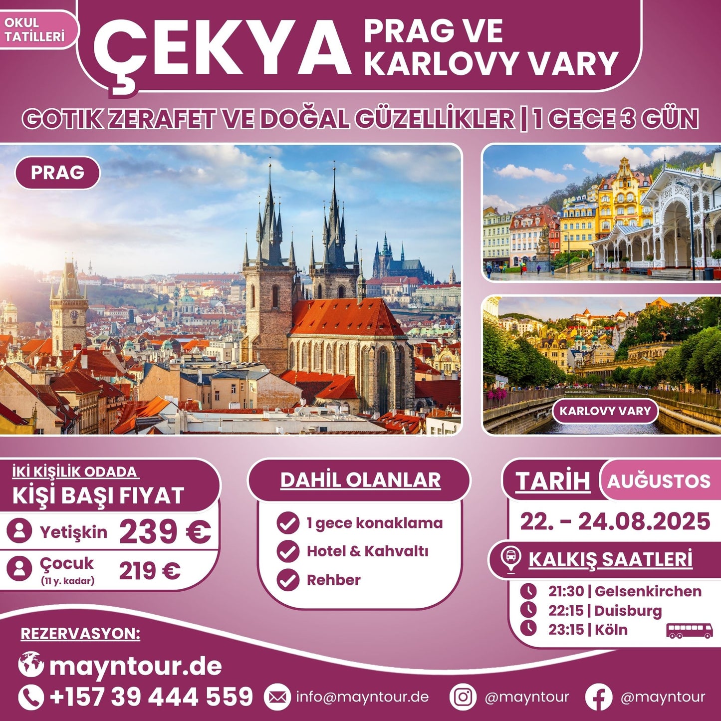 22-24.08.2025 tarihleri arasında MaynTour ile Prag ve Karlovy Vary Turu - 1 gece 3 gün süresince Çekya'nın tarihi ve doğal güzelliklerini keşfedin.