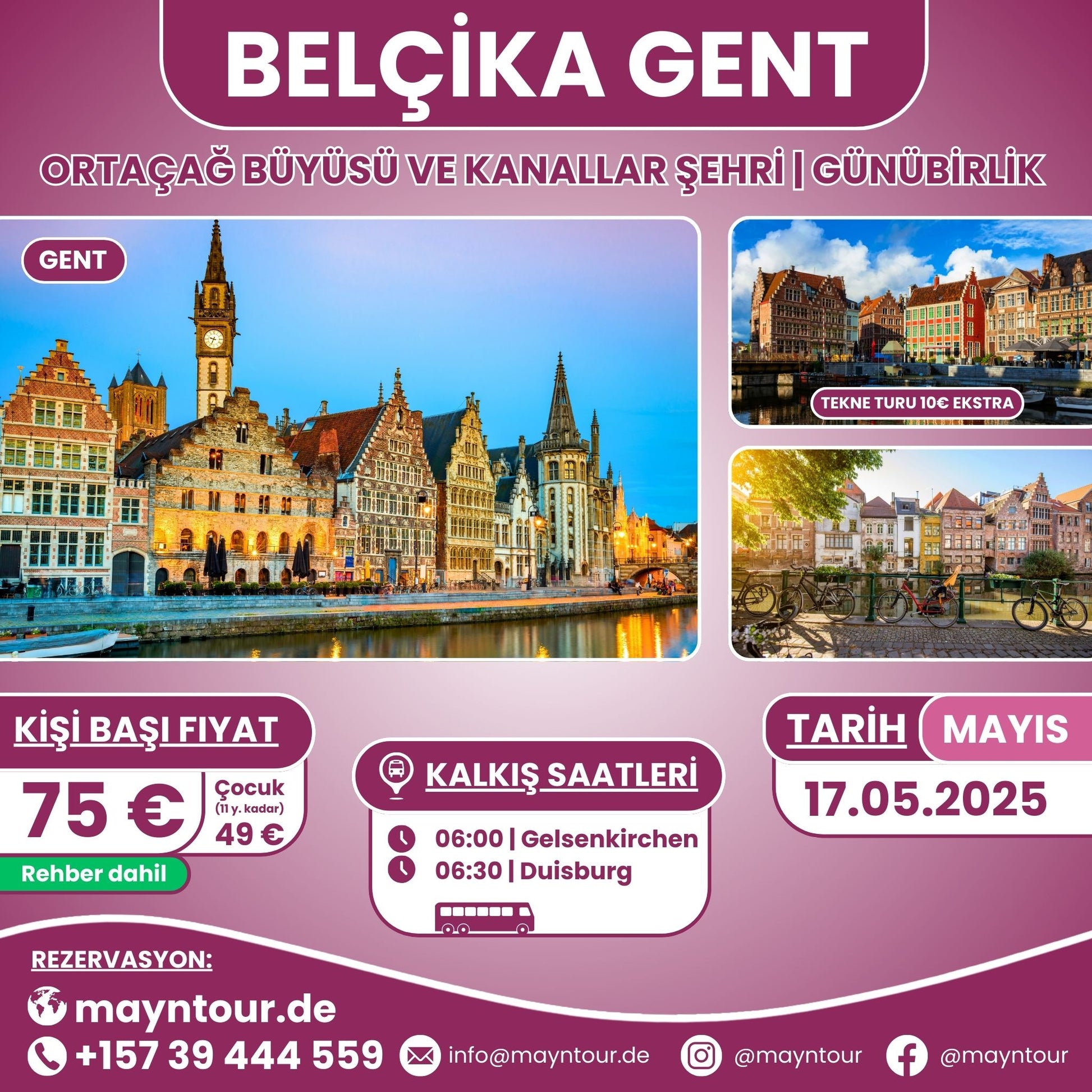 17.05.2025'te MaynTour ile Belçika'nın Gent şehrine 1 günlük gezi - Tarihi yapılar, kanal manzaraları ve büyüleyici atmosferi keşfedin.