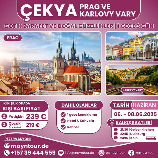 06-08.06.2025 tarihleri arasında MaynTour ile Prag ve Karlovy Vary Turu - 1 gece 3 gün süresince Çekya'nın tarihi şehirlerini ve termal kaplıcalarını keşfedin.