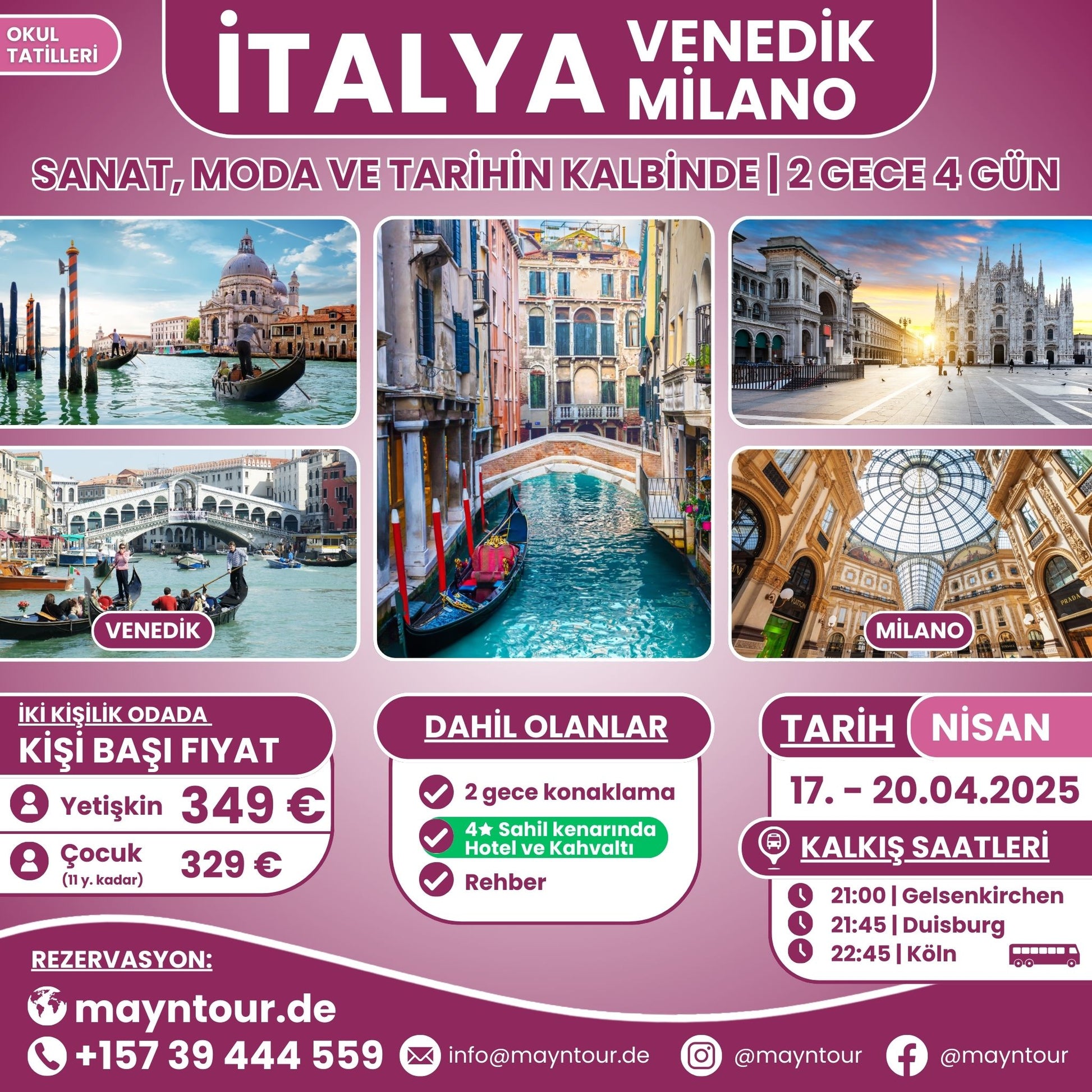 17-20.04.2025 tarihleri arasında MaynTour ile Venedik ve Milano Turu - 2 gece 4 gün süresince İtalya'nın en ikonik şehirlerini keşfedin.