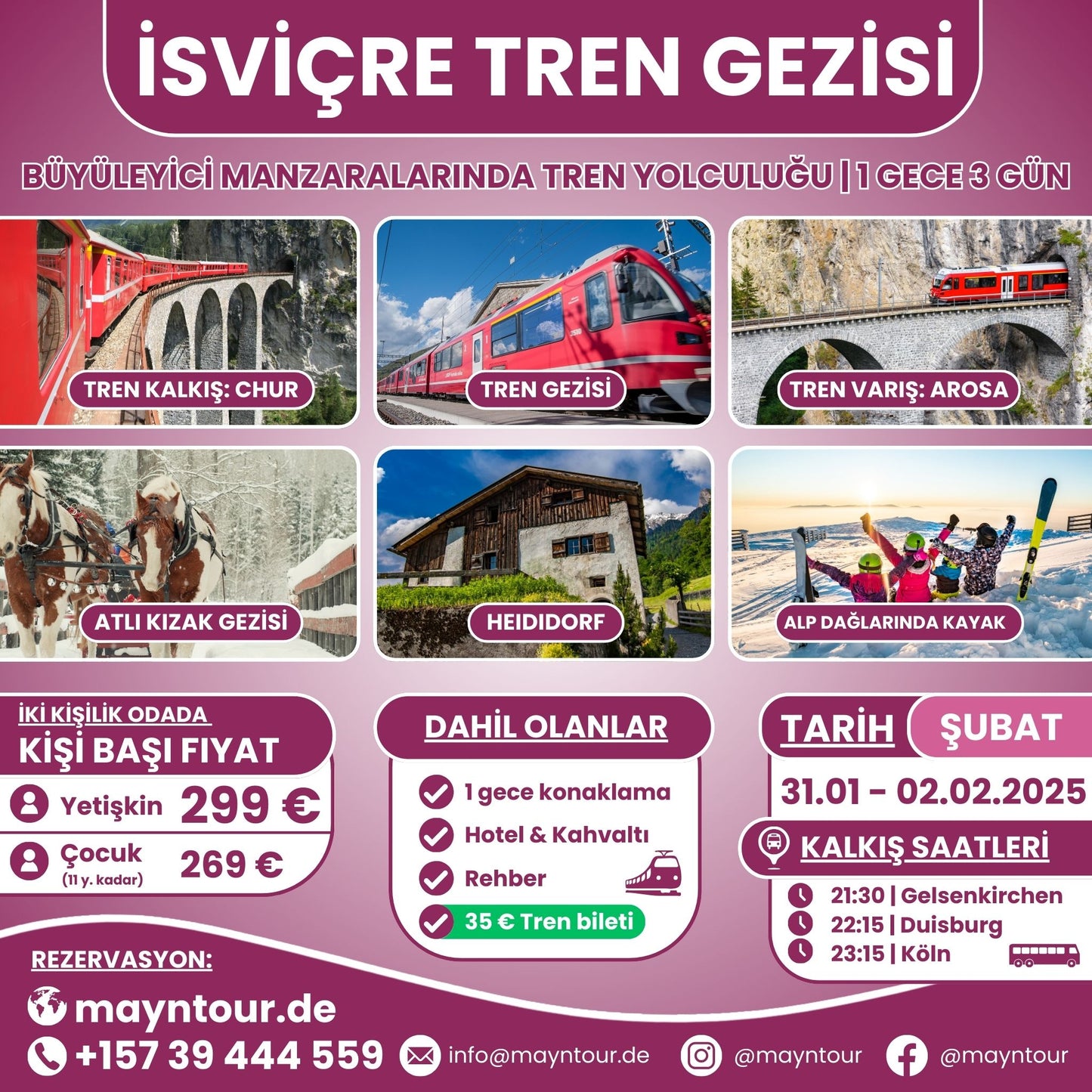 31.01-02.02.2025 tarihleri arasında MaynTour ile İsviçre Tren Gezisi - 1 gece 3 gün süresince İsviçre'nin eşsiz doğasını ve dağ manzaralarını trenle keşfedin.