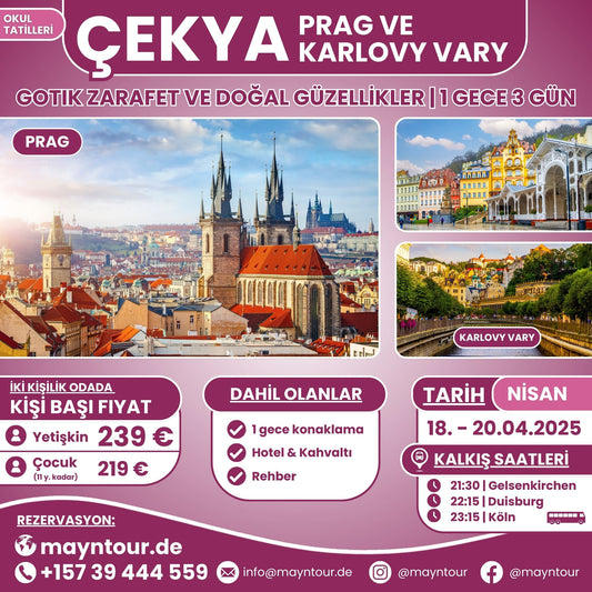 18-20.04.2025 tarihleri arasında MaynTour ile Prag ve Karlovy Vary Turu - 1 gece 3 gün süresince Çekya'nın kültürel zenginliklerini ve termal güzelliklerini keşfedin.