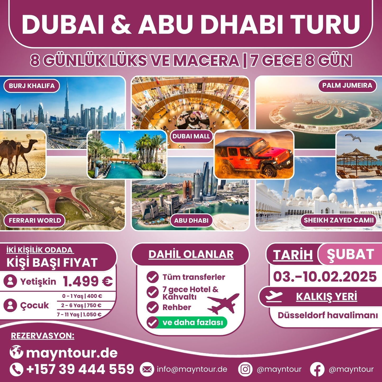 03-10.02.2025 tarihleri arasında MaynTour ile Dubai ve Abu Dhabi'yi keşfedin - 7 gece 8 gün süresince BAE'nin modern yapıları, lüks alışveriş caddeleri ve tarihi zenginliklerini keşfedin.