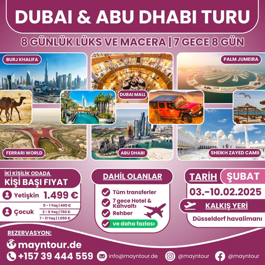 03-10.02.2025 tarihleri arasında MaynTour ile Dubai ve Abu Dhabi'yi keşfedin - 7 gece 8 gün süresince BAE'nin modern yapıları, lüks alışveriş caddeleri ve tarihi zenginliklerini keşfedin.