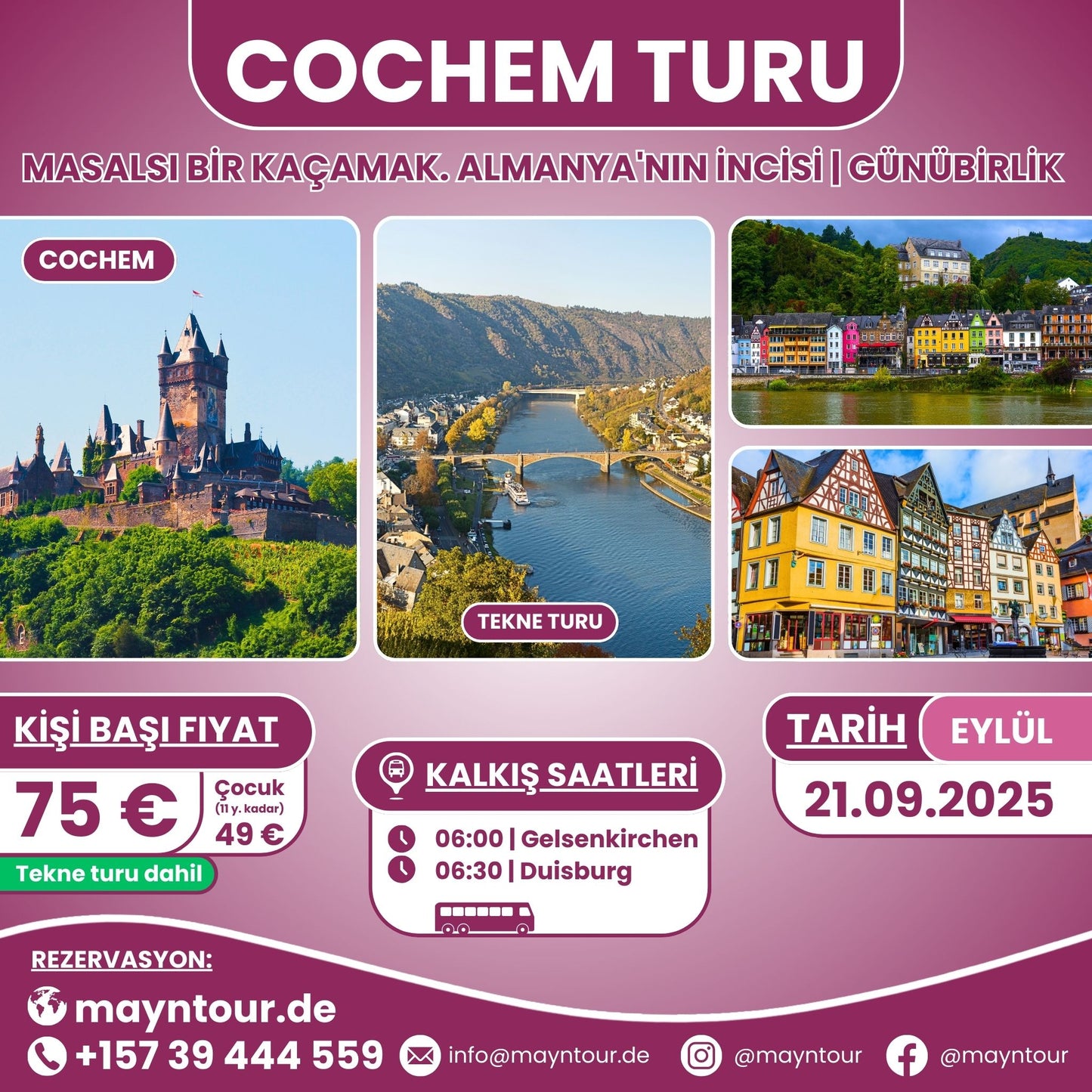 21.09.2025'te MaynTour ile Almanya'nın Cochem kasabasına 1 günlük gezi - Mosel Nehri'nin muazzam manzarası ve tarihi kaleyi keşfedin.