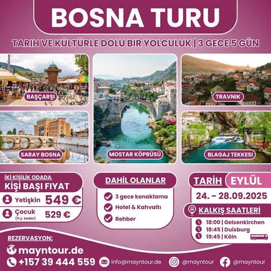 24-28.09.2025 tarihleri arasında MaynTour ile Bosna'da 3 gece 5 günlük keşif turu - Bosna'nın tarihi şehirleri ve doğal güzelliklerini keşfedin.