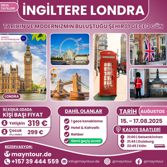 15-17.08.2025 tarihleri arasında MaynTour ile Londra Turu - 1 gece 3 gün süresince İngiltere'nin başkentinde tarihi ve kültürel zenginlikleri keşfedin.