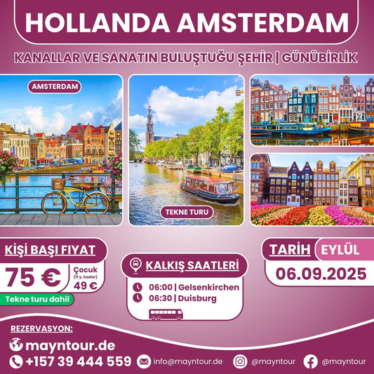 06.09.2025'te MaynTour ile Hollanda'nın ünlü şehirlerinden Amsterdam'da unutulmaz bir 1 günlük gezi - Kanallar, Dam Meydanı ve daha fazlasını keşfedin.