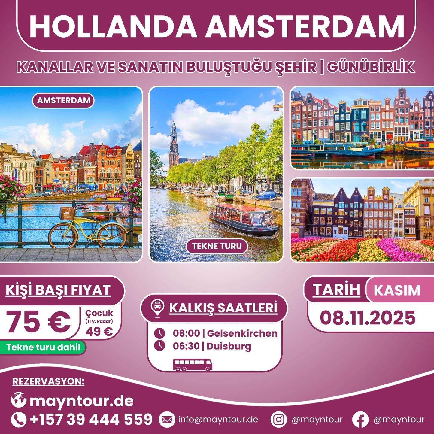 08.11.2025'te MaynTour ile Hollanda'nın başkenti Amsterdam'da unutulmaz bir 1 günlük gezi - Ünlü kanallar, Dam Meydanı ve daha fazlasını keşfedin.