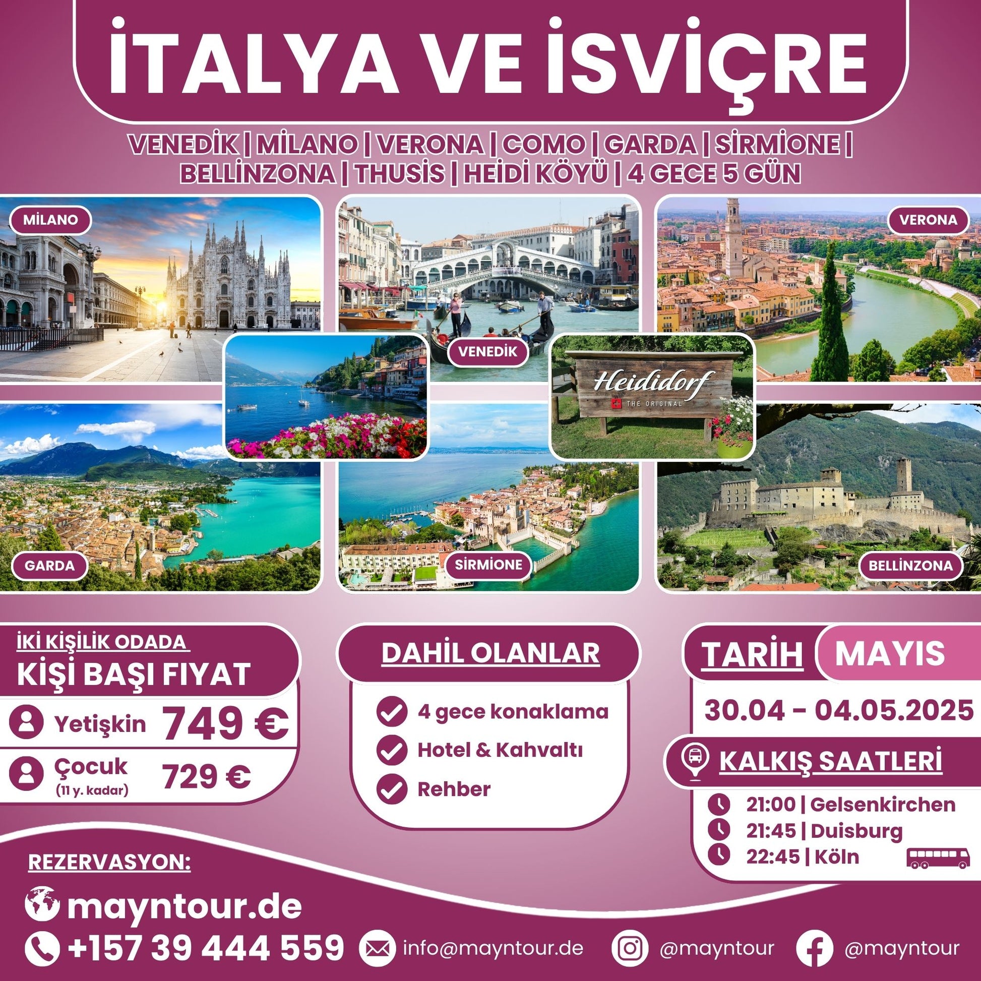 30.04-04.05.2025 tarihleri arasında MaynTour ile İtalya ve İsviçre Turu - 4 gece 5 gün süresince İtalya'nın kültürel zenginlikleri ve İsviçre'nin muazzam manzaralarını keşfedin.