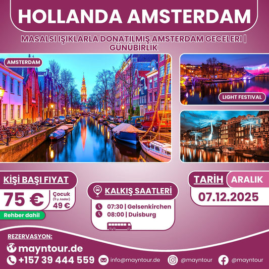 07.12.2025'te MaynTour ile Hollanda'da Amsterdam Light Festival'ini keşfedin - Işık enstalasyonları ve büyüleyici manzaralarla dolu 1 günlük unutulmaz bir gezi.