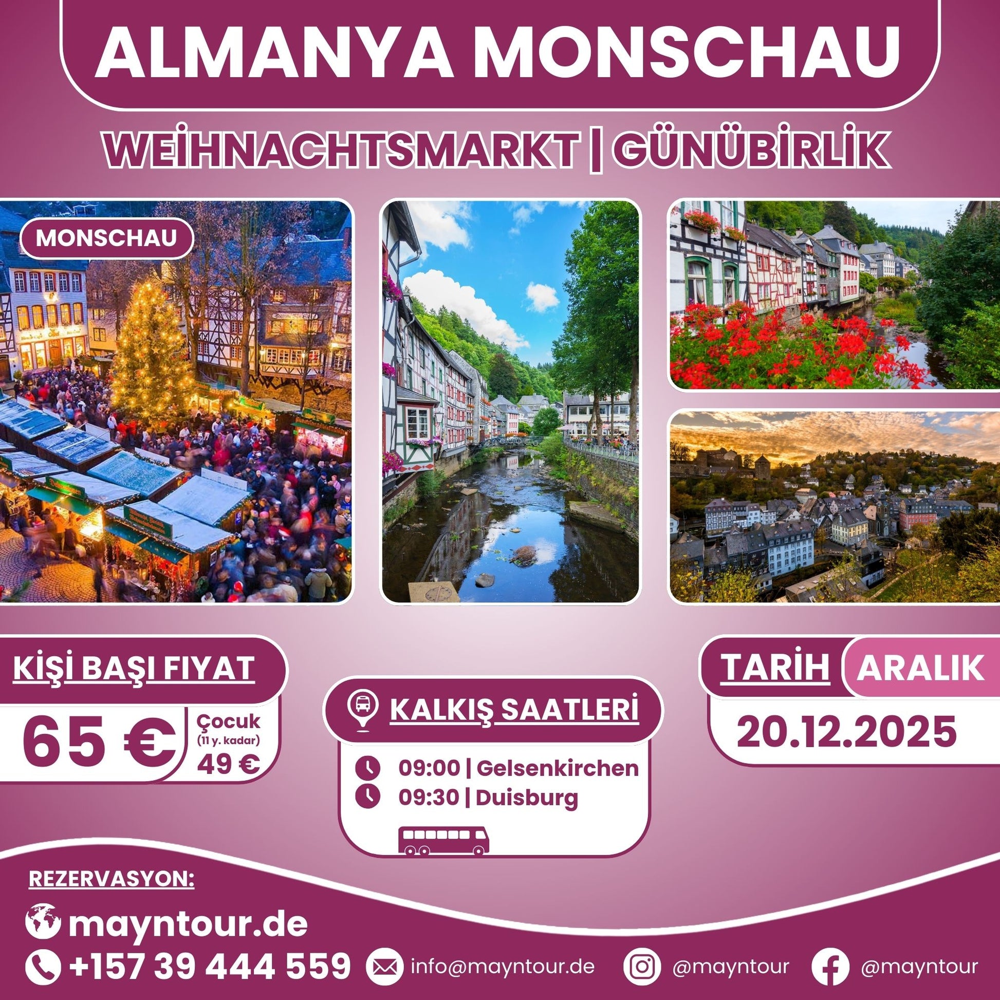 20.12.2025'te MaynTour ile Almanya'nın Monschau kasabasında Noel Pazarı gezisi - Büyüleyici ışıklar, tarihi sokaklar ve Noel atmosferiyle dolu 1 günlük gezi.