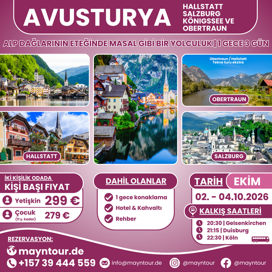KÖNIGSSEE / HALLSTATT / SALZBURG / OBERTRAUN - Avusturya | 02. - 04.10.2026 | 1 gece 3 gün